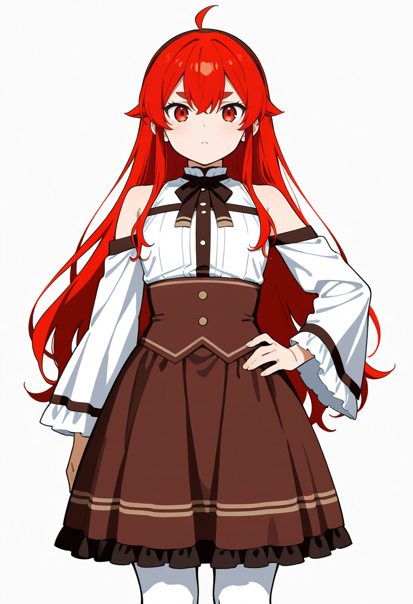 masterpiece, best quality,
1girl, solo,
standing, hand on own hip,
looking at viewer,
<lora:Eris_Greyrat:1> 3r1sGr31r4tl0l, long hair, red hair, ahoge, bangs, sidelocks, hair between eyes, hairband, red eyes, thick eyebrows,
white shirt, brown skirt, frilled skirt, bare shoulders, detached sleeves, wide sleeves, white pantyhose, long sleeves, 
white background, simple background,