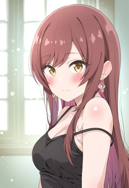 masterpiece,best quality,amazing quality,
1girl, solo, long hair, blush, looking at viewer, jewelry, brown hair, earrings, upper body, yellow eyes, multicolored hair, strap slip, osaki amana, bangs, swept bangs, breasts, straight hair, closed mouth, camisole, two-tone hair, medium breasts, looking back, bare shoulders, colored inner hair, sleeveless, window, indoors, shiny hair,
 <lora:Saeki Tatsuya_epoch_9:1>