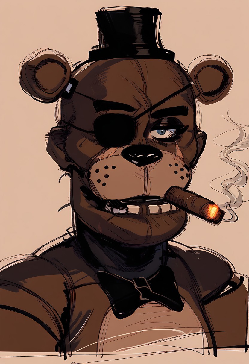 , close up portrait, (smoking :1.1) (cigar:1.1), scar over eye, , tired, (eyepatch:1.1), simple pencil sketch, spot color,  bodysuit , yoji_shinkawa, score_8_up, score_7_up, score_6_up, freddy
