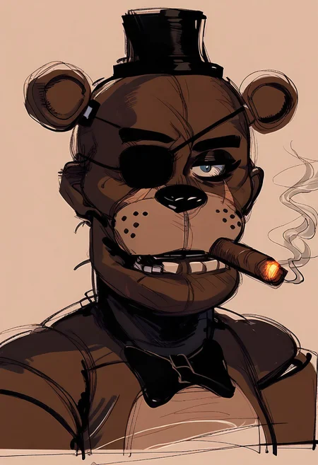 , close up portrait, (smoking :1.1) (cigar:1.1), scar over eye, , tired, (eyepatch:1.1), simple pencil sketch, spot color, bodysuit , yoji_shinkawa, score_8_up, score_7_up, score_6_up, freddy