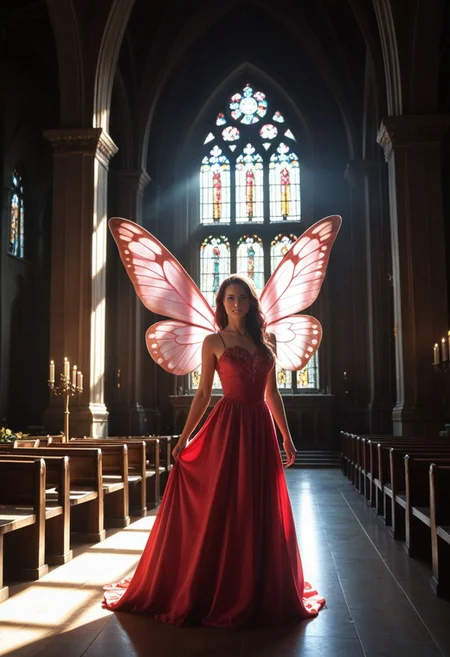 score_9, score_8_up, score_7_up, masterpiece, ultra detailed, best quality, 1 woman, mature woman, a fantasy Fairy, standing in front of an archway of a church, light coming through the arch, dynamic lighting, expressive face, expressive body, expressive emotions, dynamic pose, intense gaze, lively eyes, detailed facial expression, engaging presence.
detailed skin, perfect quality, hyper quality, perfect shadows,dark hair, red dress, sleeveless, pink butterfly wings,, lot of shadows, perfect lighting, ultra realistic reflections, hyper realistic, ultra realism, 8k, masterpiece,