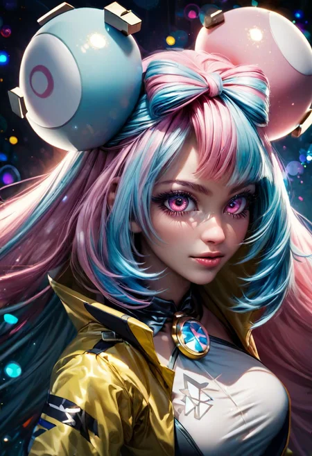 (ultra realistic, 32k, masterpiece:1.2), (high detailed skin:1.1), (high quality:1.1),score_9, score_8_up, score_8, medium breasts, cute, eyelashes, zzionopokemon, solo, 1girl, long hair, pink eyes, blue hair, pink hair, light blue hair, multicolored hair, bow-shaped hair, yellow jacket, looking at viewer, upper body, bokeh, luminescent background,