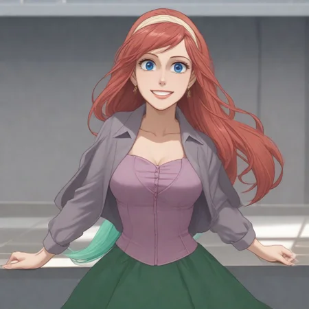 1 woman, yor briar, yor forger, purple seashell bra, green scales mermaid, blue dress, smiling, standing in a sunlit stone courtyard, kingdom of corona, warm weather, barefoot, big breasts with cleavage, elegant purple ballgown, drawing a sun with chalk, hair braided like rapunzel, absurdly long hair, lacy purple ballgown, dynamic pose, elegant eyes, pretty face, smiling
 earrings, collared shirt, vest, green skirt, pencil skirt, office lady, green vest,, coat, trench coat,, dress, cleavage, bare shoulders, jewelry, collarbone, sleeveless, black dress, halterneck, headband, white headband,, ArielWaifu, blue eyes, shell bikini, red long hair, mermaid, mermaid tail, monster girl, Blue eyes, red long hair, pink dress, tiara, corset, Blue eyes, red long hair, hair bow, hair band, blue dress, corset, 1girl