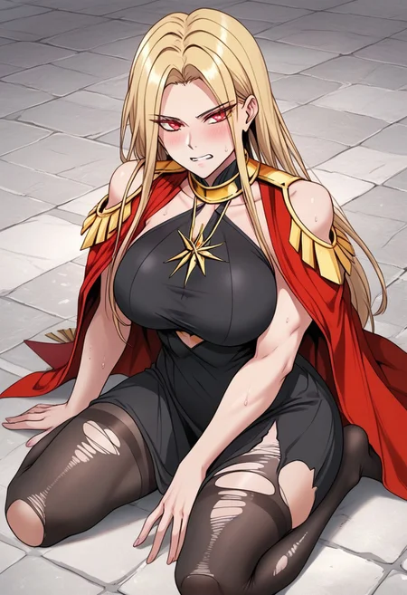 score_9, score_8_up, score_7_up, score_6_up, source_anime, rating_explicit, 1girl, breasts, skirt, thighhighs, solo,1girl, breasts, Victoria,1girl, mature female, (huge breasts:1.3),(military uniform:1.3), red coat, black thighhighs, gloves, red skirtred_cape, blonde_hair, solo, long_hair, cape, dress, clenched_teeth, small_head, yellow_eyes, glaring, looking_at_viewer, angry, stone_floor, teeth, kneeling, (black_dress:1.5), barefoot,sweat, scowl, parted_bangs, thighs, bare_legs, bangs, sitting, v-shaped_eyebrows, blush, japanese animation, absurdres, toned, black_hair_tie, high contrast, aesthetic, toned, vivid color, muscular, (wide_shoulders:1.2), wide hips, 2d, thighs, beautiful, sexy, cute_face,open_mouth,bangs, (thick_thighs:1.2), (huge_hips:1.2), (large shoulders:1.2), finely detailed beautiful eyes, finely detailed face,delicate facial features, (tall:1.4), small head, beautiful eyes and detailed face,toned,(healthy_body:1.2), (best quality, high quality, masterpiece, hyper detail, detailed face,detailed_eyes,detailed_pupils:1.3), collarbone, (detailed_eyes:1.5) ,(masterpiece:1.7),(high quality:1.7), same_eyes,same_pupils,(clear:1.5), detailed_eyes, collarbone, bangs, detailed_eyes, black_clothes, detailed_arms, amazing quality, (large_shoulders:1.4), wariza, (torn_clothes:1.5), upper body, covered_shoulders, muscle, broken floor, detailed_hands,taut_clothes,epaulettes, crossed arms,hands on own breasts,tattered clothes