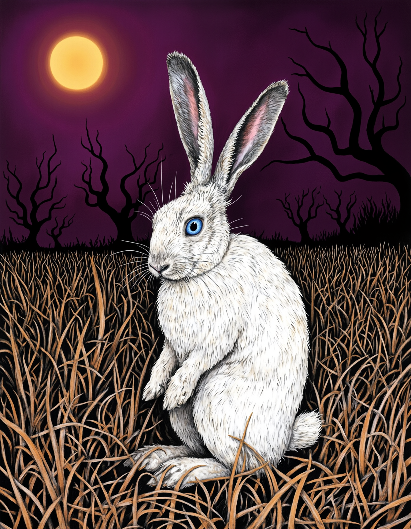 A rabbit with white fur and black-tipped ears is sitting in a field of tall, brown grass. The sky is a deep shade of purple, and the sun is a bright orange. The rabbit's eyes are a piercing blue, and its ears are long and pointed. The grass around the rabbit is wilted and dry, and there are dark, twisted trees in the distance. The rabbit's fur is matted and dirty, and its eyes seem to hold a deep sadness. The scene is surreal and unsettling, with a sense of foreboding and unease., Surrealism, dreamlike imagery, unexpected juxtapositions, symbolic elements. Features distorted or unusual forms, animals or objects transformed into otherworldly shapes. Influenced by the works of Salvador Dali.