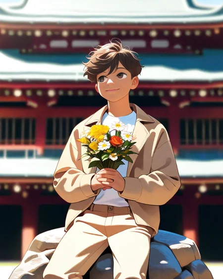 masterpiece, best quality, amazing quality, 1boy, solo, masterpiece, best quality, young man sitting on a rock, relaxed posture, casual outfit (beige jacket, white t-shirt, beige trousers), short dark hair, holding a small bouquet of flowers, slight smile, looking at the camera, outdoor setting, blurred background with architecture, candid lifestyle photography, shallow depth of field, bright and even lighting, sunny day, volumetric lighting, <lora:Bree_Style-000019:0.6>, free style