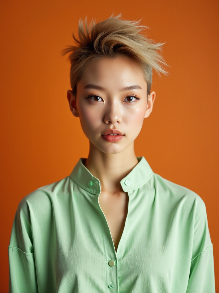 full shot portrait of a young woman of Korean descent standing in a studio, 
with delicate fair skin and visible skin texture, 
wearing a Pastel Green Tunic Top, 
and her Mohawk hair, 
which makes her look vibrant and avant-garde. 
The woman's gaze is firm and direct. 
The background is Burnt Orange. 
The overall composition combines fashion and natural elements to create a striking and powerful visual effect.