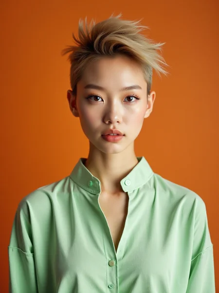 full shot portrait of a young woman of Korean descent standing in a studio, 
with delicate fair skin and visible skin texture, 
wearing a Pastel Green Tunic Top, 
and her Mohawk hair, 
which makes her look vibrant and avant-garde. 
The woman's gaze is firm and direct. 
The background is Burnt Orange. 
The overall composition combines fashion and natural elements to create a striking and powerful visual effect.