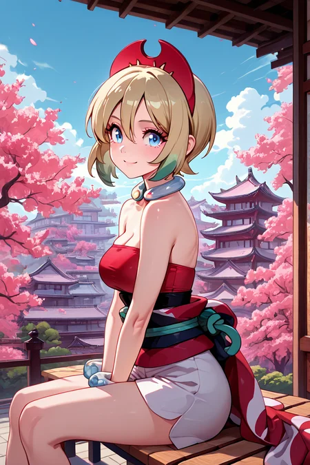 masterpiece, best quality, 1girl, solo, 21 year old model, eyelashes, (beautiful eyes), ,,,zzIrida, blonde hair, blue eyes, short hair, bangs, hair between eyes, red hairband, bracelet, neck ring, red shirt, sash, solo, strapless shirt, white shorts, waist cape, <lora:IridaPokemonIXL:1.0>, ,,,sitting on bench, side view, looking at viewer solo, smile, pnkBldng, sky, day, cloud, tree, blue sky, building, architecture, east asian architecture, <lora:PinkBuildingIXL_v2:1.0>,