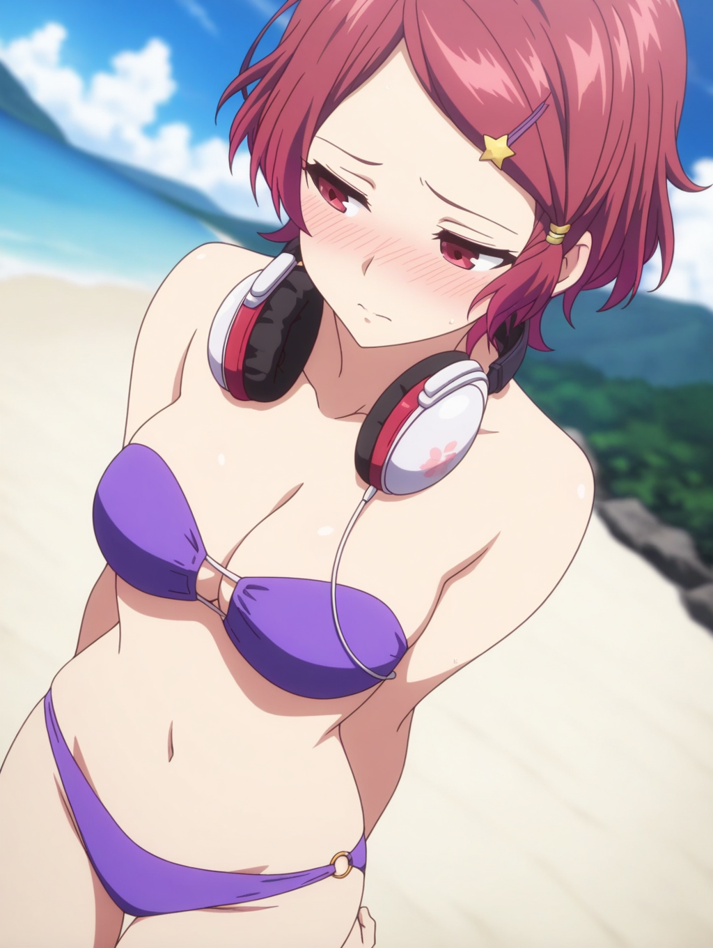 masterpiece, best quality, amazing quality, detailed, anime coloring, <lora:Koito_Minase_LW:0.7>, Koito_Minase_LW, anime screenshot, short hair, red hair, hairclip, red eyes , 1girl, solo, mature female, 
swimsuit, bikini, navel, medium breasts, headphones around neck, purple bikini, day, outdoors, cleavage,
beach, outdoors, sky, clouds, strapless bikini, embarrassed, averting eyes, dutch angle, blurry background,