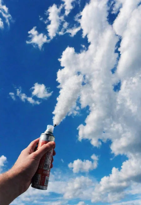 F-B-C, POV, foreground: a hand holding a spray   , background: clouds in blue sky , effect: the hand is spraying clouds
