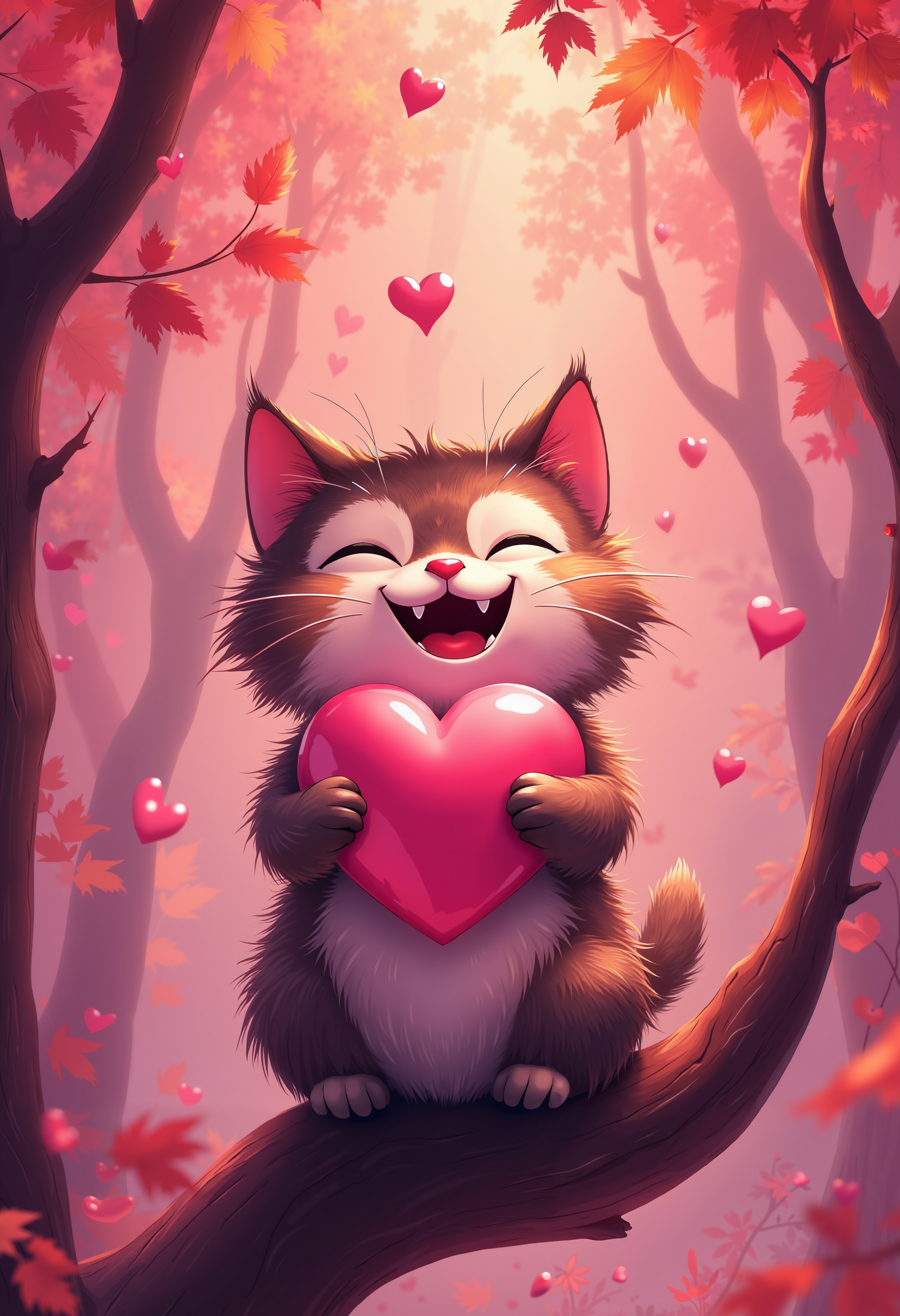 bo-romance, a digital illustration in a whimsical, fantasy style, it depicts a cute, anthropomorphic cat sitting on a tree branch in a forest setting, the cat has a fluffy, dark brown fur with lighter stripes, and its eyes are closed in a joyful, mischievous expression, with a wide, toothy grin revealing sharp teeth, it holds a large, pink heart in its paws, adding a playful and romantic touch to the scene, the background features a dense forest with pink and purple hues, and the tree branches are adorned with vibrant, autumnal leaves in shades of red, orange, and yellow, creating a warm and inviting atmosphere, small, pink hearts float around the cat, adding to the romantic and whimsical ambiance, the overall color palette is dominated by soft, pastel shades, with the tree trunks and branches standing out against the soft, dreamy backdrop, the texture of the illustration is smooth and polished, with meticulous attention to detail in the cat's fur and the surrounding elements, making it a captivating and enchanting piece of art<lora:boFLUX Romance Abyss.safetensors:1.0:1.0>