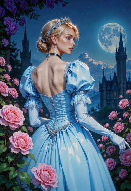 Cinderella. a digital painting in a fantasy art style. It features a young woman with a fair complexion and blonde hair styled in an elegant updo. She wears a voluminous, flowing, pale blue gown with puffed sleeves and a fitted bodice, adorned with delicate lace details. The gown is backless, revealing her bare shoulders and back. Her gloves are long and white, matching her hair accessories, and she has a black choker around her neck. The woman is standing amidst a lush garden filled with blooming pink roses and purple flowers, their petals gently illuminated by a soft, ethereal light.
The background is a dreamy, nighttime sky, filled with a deep blue hue transitioning to a starry expanse. A full moon, partially obscured by clouds, hangs prominently in the upper right corner, casting a gentle glow over the scene. The architecture of a fairy-tale castle is faintly visible in the distance, adding to the magical ambiance. The overall mood of the painting is serene and enchanting, with a blend of soft, pastel colors and intricate details that evoke a sense of fantasy and romance.