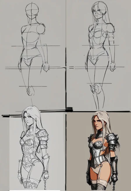 Score_9,  score_8_up,  score_7_up,  HTDSBS, 6 boxes, Mass drawing, sketch, raw, 1girl, fantasy outfit, silver chainmail, white lingerie, highly detailed, seductive, thigh-high stockings, cut-out design, long hair, indoors, medieval room, decorative weapons, white drapery, intricate design, armor, standing, looking at viewer, lingerie, chainmail.