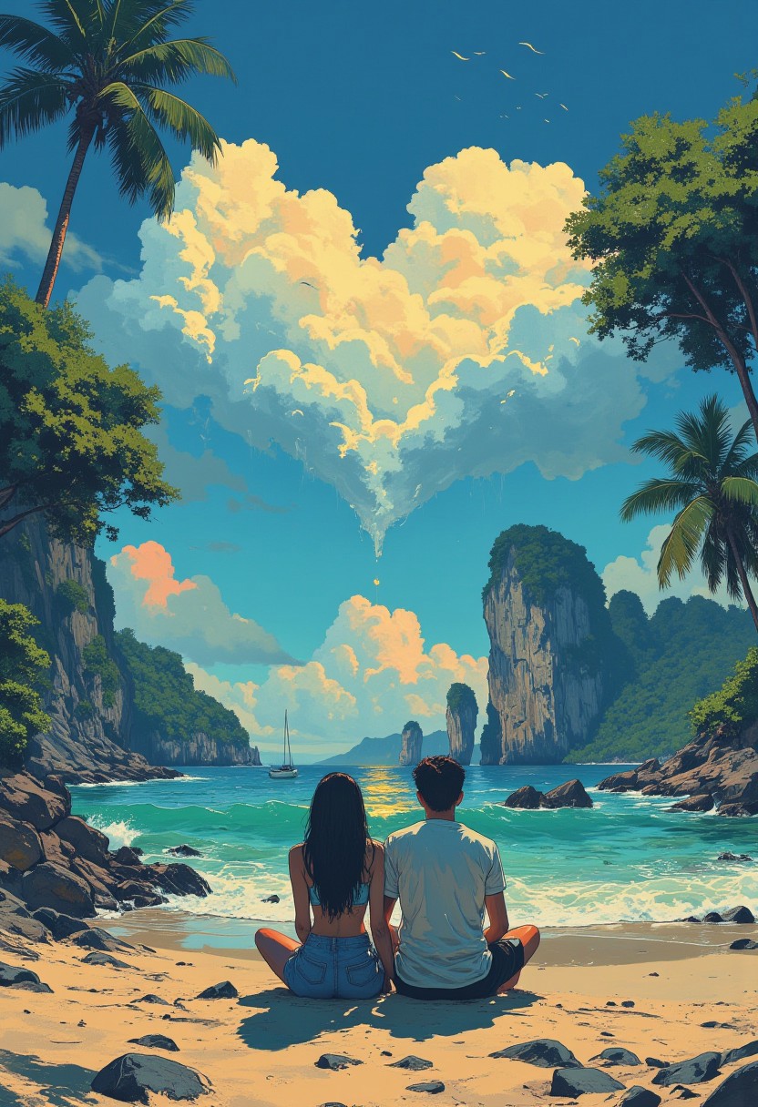A breathtaking Image and Nature, Picturesque beach of Koh Yao Noi island, ((a woman and a man are sitting close to each other at the beach, towards a big heart made of clouds)) towards the ocean, on the beach, from behind, hugging each other, palms,an amazing view of the surrounding boulders rising out of the water, rich and complex oil painting of sounds, a living tapestry woven from the hues and textures captured by a digital, best quality, double exposure, realistic, whimsical, fantastic, splash art, intricate detailed, hyperdetailed, maximalist style, psychedelic, post-apocalyptic, photorealistic, concept art, sharp focus, harmony, serenity, tranquility, mysterious glow, ambient occlusion, halation, cozy ambient lighting, dynamic lighting,masterpiece, liiv1, linquivera, metix, mentixis, excellent composition, finest details, highest aesthetics, strong muted Highlighter of the turquoise ocean around, Blue hue, mystical glowing, best quality sharp focus, high contrast, stylized, clear, colorful, surreal, ultra quality, 8k, best quality, a breathtaking masterpiece, award winning, DB4RZ, DB4RZ style painting, NeoPigma, in the style of cksc, anime, cyberpunk
