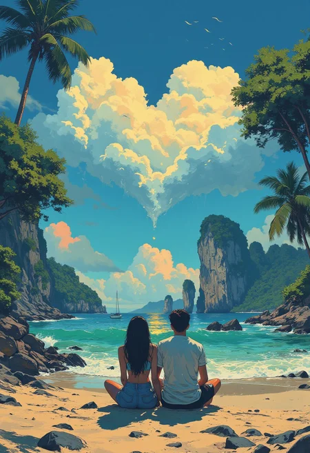 A breathtaking Image and Nature, Picturesque beach of Koh Yao Noi island, ((a woman and a man are sitting close to each other at the beach, towards a big heart made of clouds)) towards the ocean, on the beach, from behind, hugging each other, palms,an amazing view of the surrounding boulders rising out of the water, rich and complex oil painting of sounds, a living tapestry woven from the hues and textures captured by a digital, best quality, double exposure, realistic, whimsical, fantastic, splash art, intricate detailed, hyperdetailed, maximalist style, psychedelic, post-apocalyptic, photorealistic, concept art, sharp focus, harmony, serenity, tranquility, mysterious glow, ambient occlusion, halation, cozy ambient lighting, dynamic lighting,masterpiece, liiv1, linquivera, metix, mentixis, excellent composition, finest details, highest aesthetics, strong muted Highlighter of the turquoise ocean around, Blue hue, mystical glowing, best quality sharp focus, high contrast, stylized, clear, colorful, surreal, ultra quality, 8k, best quality, a breathtaking masterpiece, award winning, DB4RZ, DB4RZ style painting, NeoPigma, in the style of cksc, anime, cyberpunk