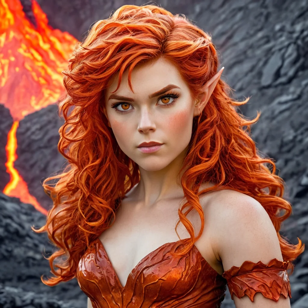 An upper body photo of a fierce and regal elven princess with vibrant, fiery red hair cascading in voluminous curls around her shoulders. Her amber eyes are sharp and intense, reflecting the heat of the molten lava behind her. She is dressed in a striking, flame-colored gown that appears to be forged from molten rock, with intricate, leaf-like patterns etched into the fabric. The background is a dramatic, volcanic landscape with glowing rivers of lava flowing through jagged, blackened rocks, emphasizing the powerful and elemental nature of this elven princess