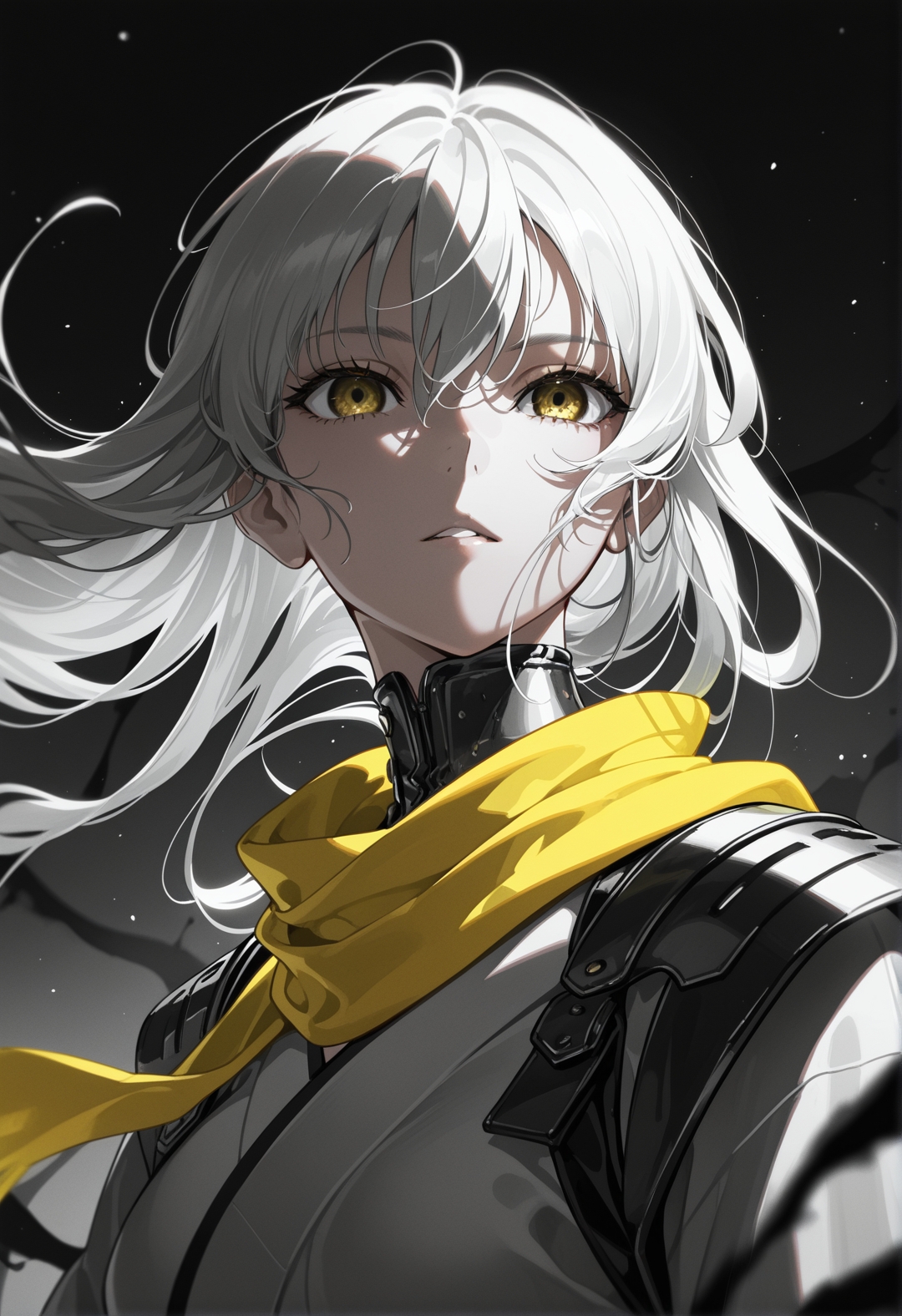 <lora:ck-yoneyama-mai-IL-000014:1>, masterpiece, best quality, good quality, very aesthetic, absurdres, newest, 8K, depth of field, focused subject, 
Monochrome with beige, white, bleaked yellow-turqoise color, 1girl Samurai, flowing hair, high collar scarf billowing in storm, shaded eyes, Face Closeup,highly detailed, cinematic Low Angle View, Motion lines And floating particles, darkness within, emitting from His suit are translucent vibrant tendrils that are used AS weapon, deep blacks, high contrast
ckym, in the style of ckym,