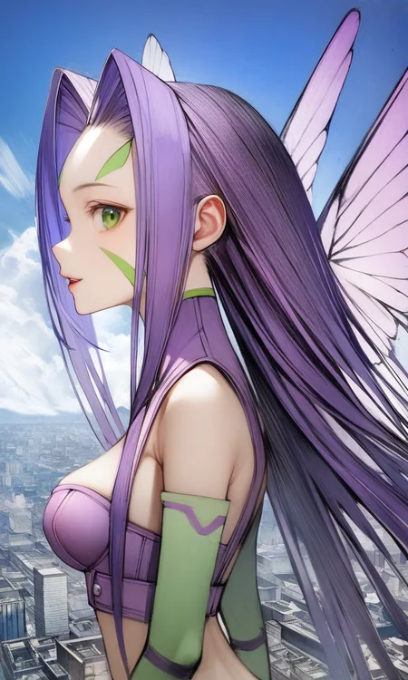 solo, kazemon, 
1girl, green eyes, wings, breasts, city, cloud, day, digimon \(creature\), flying, long hair, purple hair, sky, solo, wings, 
portrait, from side, 
masterpiece, best quality, absurdres, by nyatabe, 
<lora:Kazemon_XL:1> <lora:Nyatabe_XL:0.8>