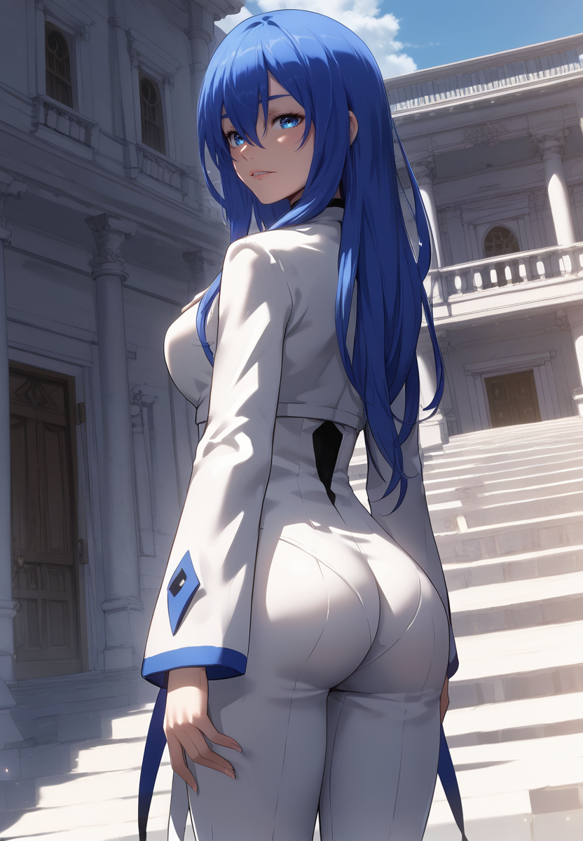 zPDXL3, score_9_up, score_8_up, score_7_up, (Anime_source),Masterpiece,(perfect female body:1.2), small waist, (incredibly detailed:1.4), slim, beautiful fingers, beautiful white skin, Beautiful clear skin, (large breasts:1.4)  thighs, looking at viewer, big breasts, ass, perfect ass,   <lora:Pridya_-_The_Priest_of_Corruption-Kaleid_PONY:0.9> pridya, 1girl, blue eyes, blue hair, long hair, hair between eyes, coat, white jacket, white pants, looking back, from behind,