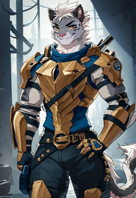 score_9, score_8_up, score_7_up, source_furry,
NSFW,
By yelftea, by noctoc, by blackwhiplash, warcraftstyle,
background,sci-fi, rich colors
solo, manul, cyborg, girly guy, tall, athletic, slim, daring, gray fur, white hair, short hair, gold eyes, detailed face, sharp smile, manul tail
Hydraulic armor, all honeyed and sticky