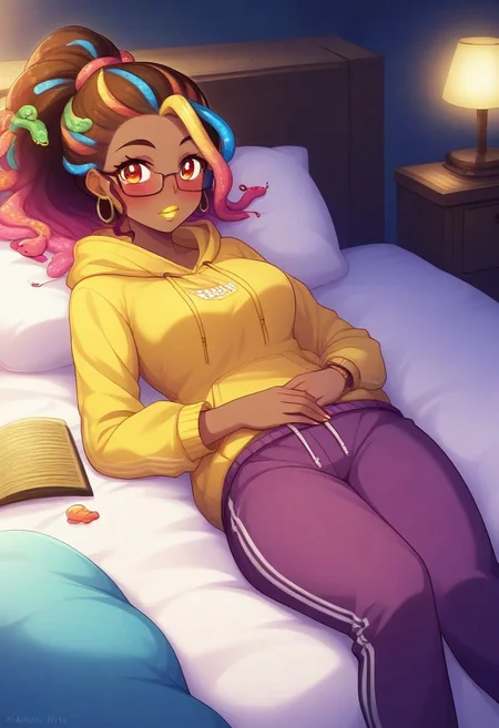 score_9, score_8_up, score_7_up, score_6_up, 1girl, african american woman, amber eyes, dark brown skin, muscular woman, athletic woman, yellow lipstick Jiggawatt, Azarin, gold hoop earrings, gummy worm hair, gradient hair, sugar, multicolored hair, ponytail, 18yr old, blush,
1girl, sweatpants, yellow hoodie, glasses on nightstand, sleeping, night time, indoors, bedroom, lying in bed, sleeping bag, sleeping, schlafsack, snake hair peeking out, lights out