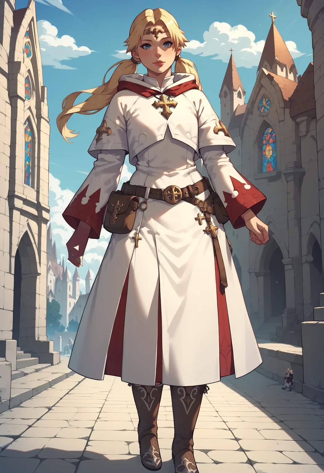 zPDXL,score_9, score_8_up, score_7_up, source_anime, 1girl, solo, church, full body,
blonde hair, twintails, blue eyes, long hair,
white mage, boots, belt, hood, pouch, robe, belt pouch, circlet <lora:Healers_Attire_FFXIV-White_Mage_AF1:.75>