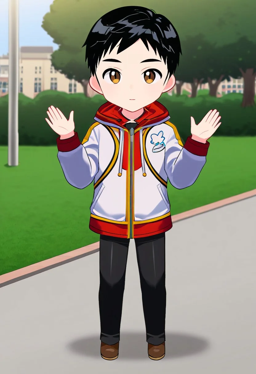harmard, black hair, short hair, brown eyes, 1boy, (solo:1.20), solo focus, red_white_jacket, black pants, at park, chibi style, chibi