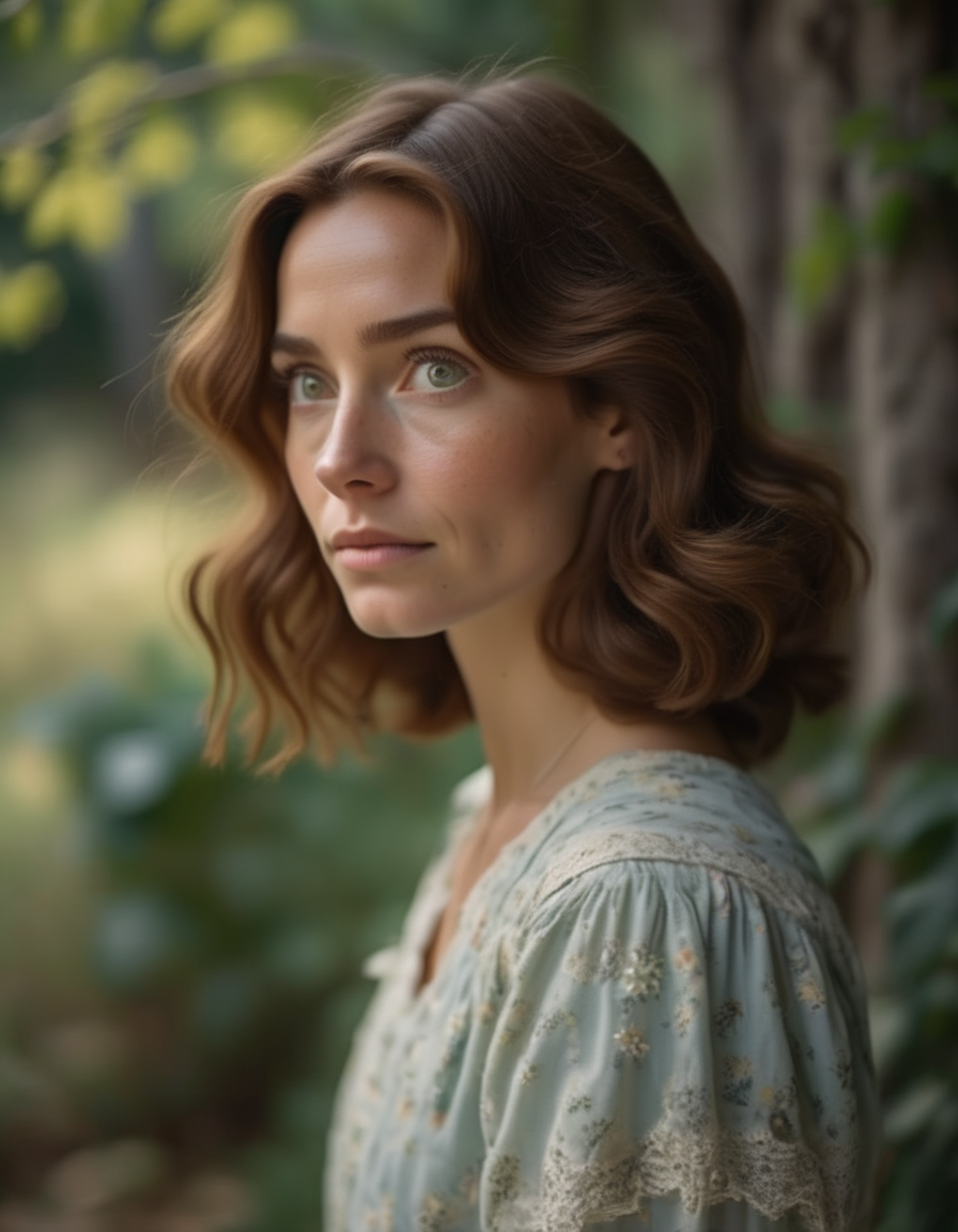 A wistful image of a woman with shoulder-length chestnut hair, her heart-shaped face turned slightly downward, her hazel eyes filled with nostalgia, her expression soft and contemplative, lost in memories. <lora:usual-portrait-v2:1>