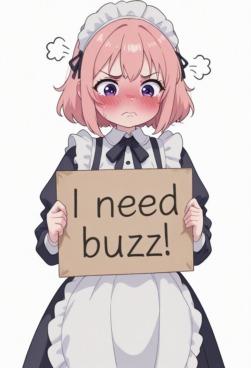 studio ghibli,civchan, 1girl, solo, purple eyes, pink hair,maid, need_buzz, holding sign, cute, blushing, pouting, clean white background,