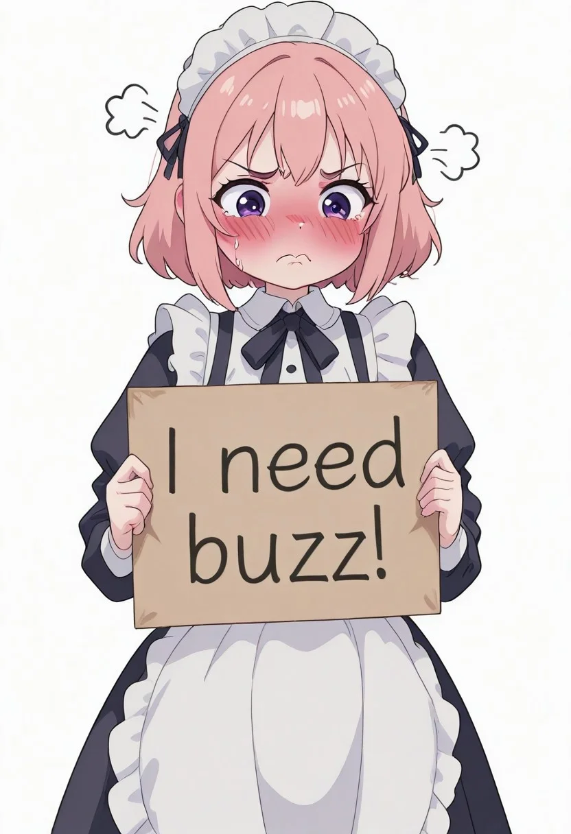 studio ghibli,civchan, 1girl, solo, purple eyes, pink hair,maid, need_buzz, holding sign, cute, blushing, pouting, clean white background,