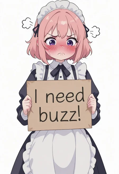 studio ghibli,civchan, 1girl, solo, purple eyes, pink hair,maid, need_buzz, holding sign, cute, blushing, pouting, clean white background,