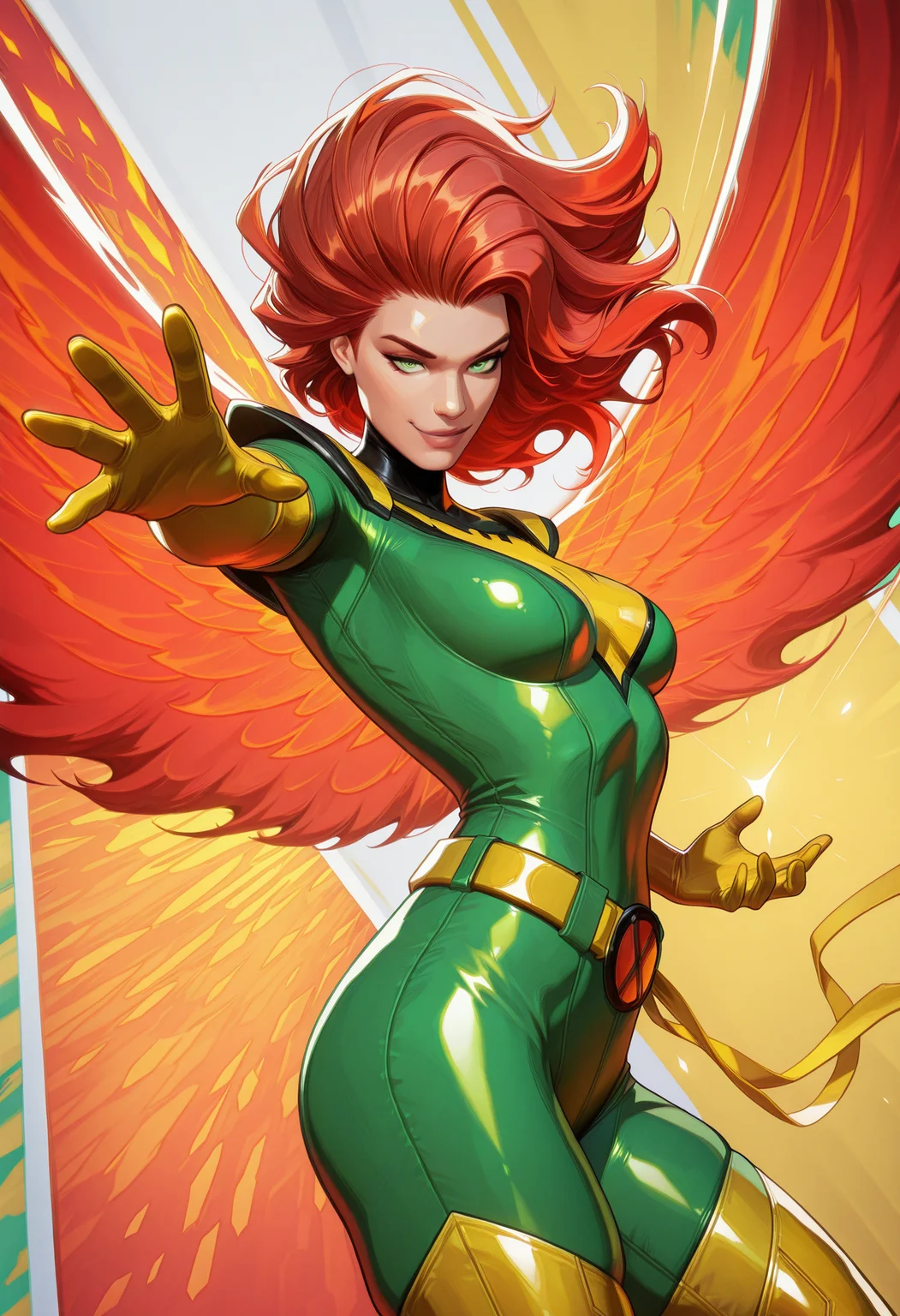 (EyesHD:1.2), masterpiece, best quality, amazing quality, highres, absurdres, very aesthetic, very awa, western, MarvelRivals, semi realistic, cartoon, shiny skin, skindentation, 1girl, solo, end_jngr3y, green eyes, long hair, red hair, gradient hair, floating hair, small breasts,
BREAK,
bodysuit, superhero, skin tight, elbow gloves, thigh boots, yellow gloves, yellow thighhighs, green bodysuit, yellow bodysuit, yellow belt, phoenix symbol, yellow waist ribbon, green bodysuit, yellow boots,
BREAK,
looking at viewer, action pose, fighting stance, dynamic pose, reaching towards viewer, smirk, cowboy shot, dutch angle, multicolored background, hyper detailed, volumetric lighting, lazypos, <lora:AMarvelRivals_style-06:1.0000000000000002> <lora:Jean_Grey_X-men_Character_LoRA_Illustrious:0.9000000000000001> <lora:illustrious_quality_modifiers_masterpieces_v1:1.0000000000000002> <lora:spo_sdxl_10ep_4k-data_lora_webui:0.8000000000000002>