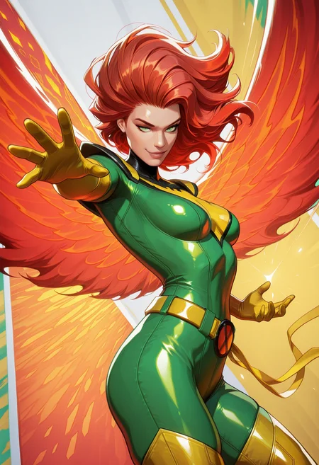 (EyesHD:1.2), masterpiece, best quality, amazing quality, highres, absurdres, very aesthetic, very awa, western, MarvelRivals, semi realistic, cartoon, shiny skin, skindentation, 1girl, solo, end_jngr3y, green eyes, long hair, red hair, gradient hair, floating hair, small breasts,
BREAK,
bodysuit, superhero, skin tight, elbow gloves, thigh boots, yellow gloves, yellow thighhighs, green bodysuit, yellow bodysuit, yellow belt, phoenix symbol, yellow waist ribbon, green bodysuit, yellow boots,
BREAK,
looking at viewer, action pose, fighting stance, dynamic pose, reaching towards viewer, smirk, cowboy shot, dutch angle, multicolored background, hyper detailed, volumetric lighting, lazypos, <lora:AMarvelRivals_style-06:1.0000000000000002> <lora:Jean_Grey_X-men_Character_LoRA_Illustrious:0.9000000000000001> <lora:illustrious_quality_modifiers_masterpieces_v1:1.0000000000000002> <lora:spo_sdxl_10ep_4k-data_lora_webui:0.8000000000000002>