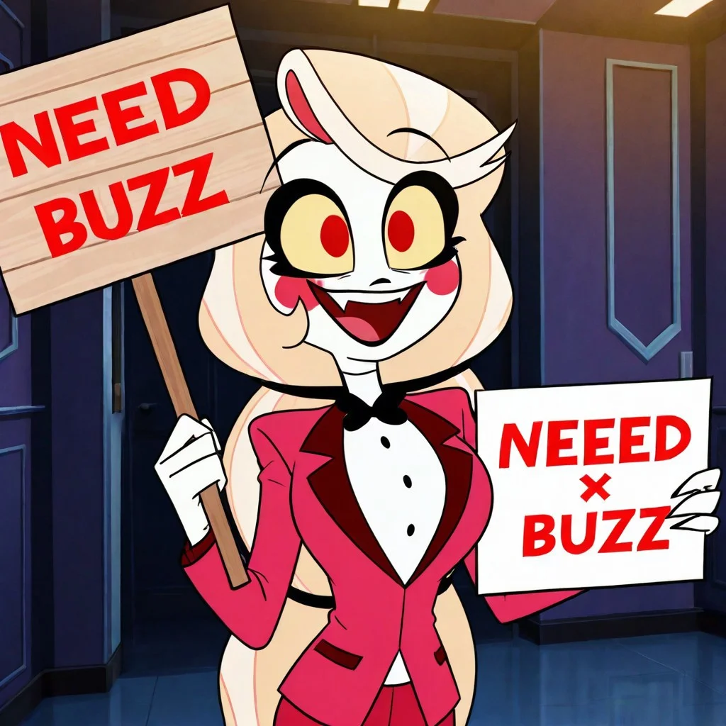 1girl, charlie morningstar, blonde hair, very long hair, low-tied long hair, red eyes, yellow sclera, blush stickers, shirt, white shirt, long sleeves, red jacket, red pants, bowtie, black bowtie, smiling, open mouth.
night room,(holding sign:4, "NEED BUZZ":2),Aggrieved expression,huge breast,