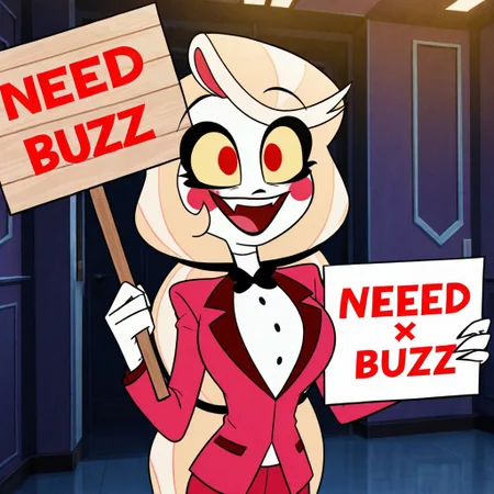 1girl, charlie morningstar, blonde hair, very long hair, low-tied long hair, red eyes, yellow sclera, blush stickers, shirt, white shirt, long sleeves, red jacket, red pants, bowtie, black bowtie, smiling, open mouth.
night room,(holding sign:4, "NEED BUZZ":2),Aggrieved expression,huge breast,