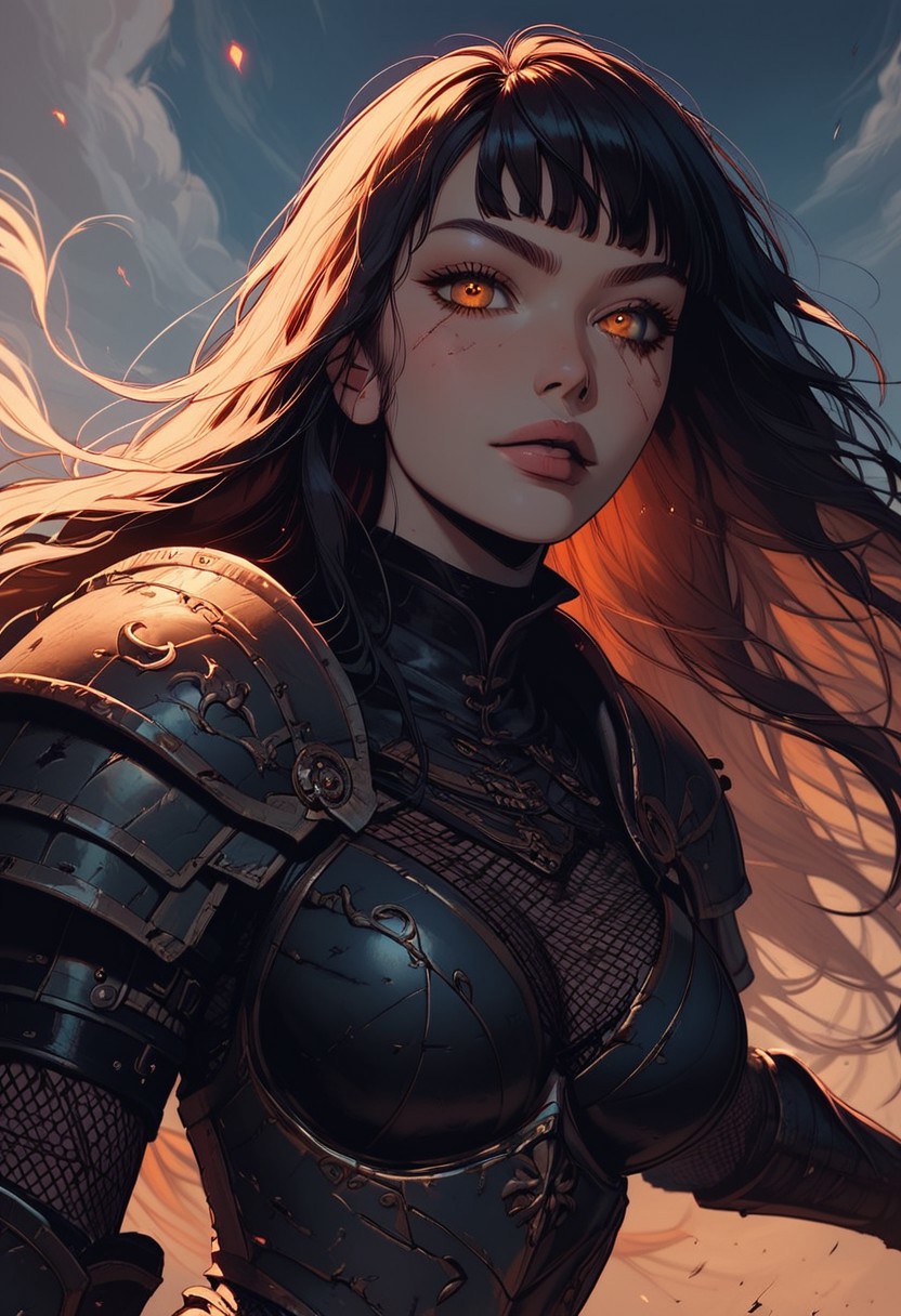 Score_9, Score8_up, Score_7_up, (((High Resolution, Best Quality))), 
1girl, beautiful, breasts, battle scarred, damaged armor, fishnets under armor, bangs, long hair, plated armour, holding battleaxe, battle stance, dynamic angle, ancient fantasy city, battle-ready stance, dynamic pose, at night, moonlight, riding a nimbus cloud, nimbus, directional lighting, viewed from above,
beautiful eyes, detailed eyes, perfect eyes, orange eyes, beautiful eyes, looking at viewer, extreme foreshortening,