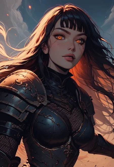 Score_9, Score8_up, Score_7_up, (((High Resolution, Best Quality))), 
1girl, beautiful, breasts, battle scarred, damaged armor, fishnets under armor, bangs, long hair, plated armour, holding battleaxe, battle stance, dynamic angle, ancient fantasy city, battle-ready stance, dynamic pose, at night, moonlight, riding a nimbus cloud, nimbus, directional lighting, viewed from above,
beautiful eyes, detailed eyes, perfect eyes, orange eyes, beautiful eyes, looking at viewer, extreme foreshortening,