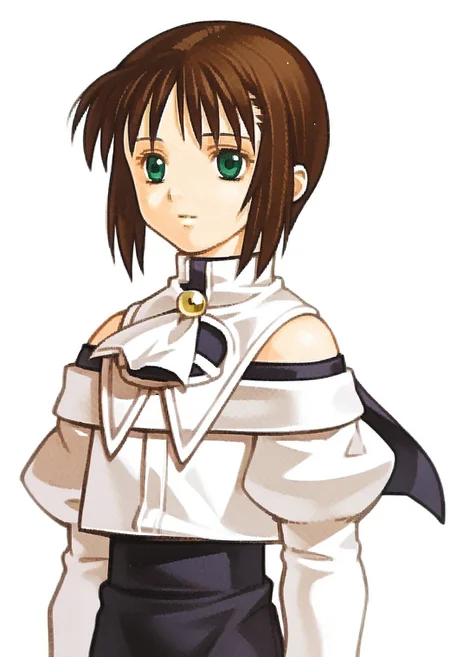 score_8, score_8_up, score_7_up, source_anime, fe10portraits, portrait, white background, 1girl, female focus, solo, Natsumi_SN1, green eyes, brown hair, short hair, bangs, sidelocks, short hair with long locks, capelet, neck bell, ascot, off-shoulder shirt, bare shoulders, juliet sleeves, long sleeves, circle skirt, looking at viewer, simple background,