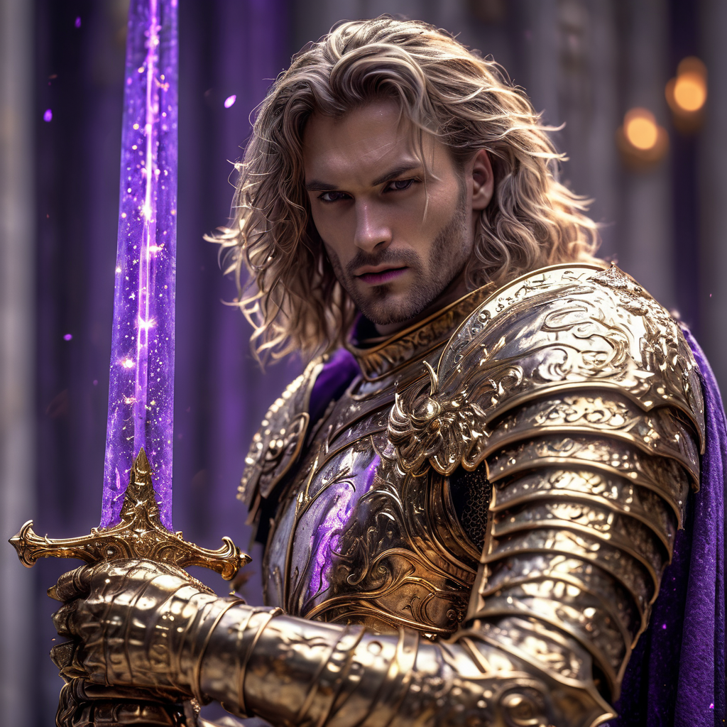 Close up shot of beautiful knight, wearing gold armor, beautiful hair, standing up, holding purple glowing sword, heaven in background, HD, masterpiece, best quality, hyper detailed, ultra detailed,