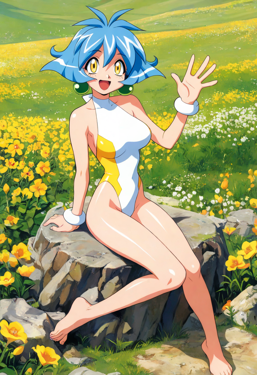 drum \(lamune\),  1girl, solo,  short hair, medium breast, jewelry, blue hair,  yellow eyes, earrings, leotard, halterneck, barefoot, sitting on rock, open mouth, happy, waving,  outdoor, flowerfield, , highres,  masterpiece, best quality, amazing quality, very awa, very aesthetic, , <lora:Illust\edit\drum_lamune_resize.safetensors:0.9000000000000001:0.9000000000000001>