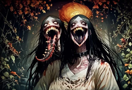 score_9, score_up_8, masterpiece, best quality, explicit, 
hasshaku-sama, mature woman, large woman, tall woman, sagging breast, enormous breast, long hair, black hair, horror (theme), collar bone, bony body, skinny, anorexic, fall season, trees, red yellow and orange leaves, falling leaves, night, garden, Expressiveh,  
 teeth, tongue, open mouth, horror, blood, stiches, scars, black tongue, very long tongue, black tears, full body