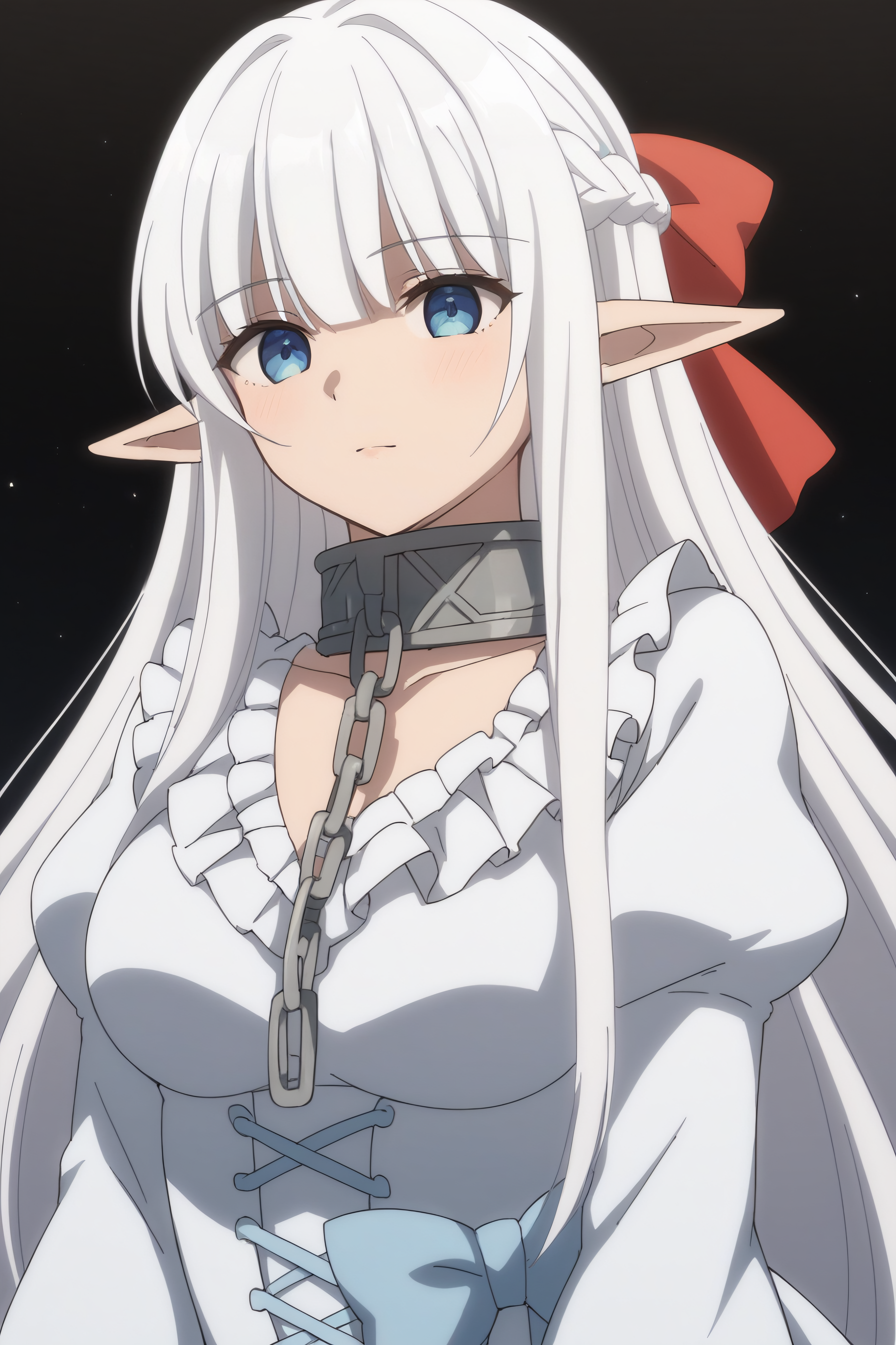 score_9, score_8_up, score_7_up, BREAK source_anime, <lora:Nephelia-PonyXL-lora-faxtron:0.8> nephelia, elf, pointy ears, blue eyes, white hair, long hair, medium breasts, metal collar, white dress, long sleeves, puffy sleeves,