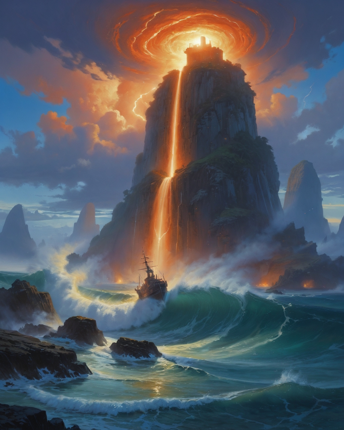 ethereal fantasy concept art of  anime artwork Richard Thorn (Cornish coast palette), monochromatic fog-bound sea, ball lightning over swells, driftwood grain details, virga curtain evaporation, cold front clarity lighting,,mutinous weapon workshops crafting shark tooth shrapnel bombs in magnetic anomaly dry docks guarded by lava-resistant smiths, Impressionism art, painterly, small brushstrokes, visible brushstrokes, impressionistic style,,
<lora:iLLMythG0thicL1nes:0.5> G0thicL1nes,
<lora:extremely_detailed:0.7> extremely detailed ,
<lora:add-detail-xl:0.7>,
<lora:softdigital2x2:0.15>,
<lora:EpicF4nta5yXL:0.3>, . anime style, key visual, vibrant, studio anime,  highly detailed . magnificent, celestial, ethereal, painterly, epic, majestic, magical, fantasy art, cover art, dreamy
