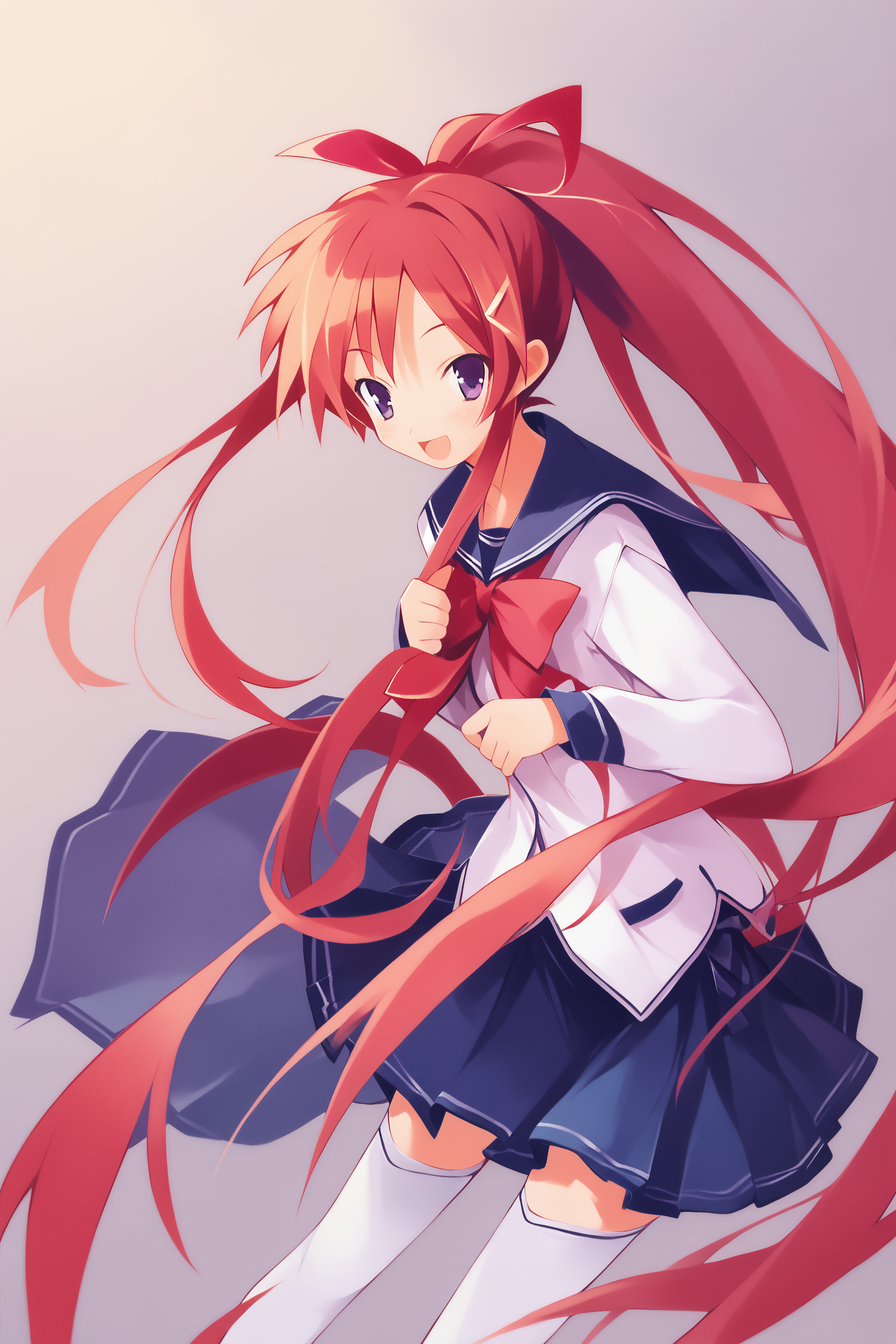 score_9,score_8_up,score_7_up,masterpiece,best quality,
1girl,solo,thighhighs,school uniform,ponytail,purple eyes,long hair,red hair,bow,white thighhighs,skirt,open mouth,zettai ryouiki,smile,long sleeves,ribbon,red bow,simple background,very long hair,
<lora:Keiji Yamamoto_XL_PONY:1.4>,
