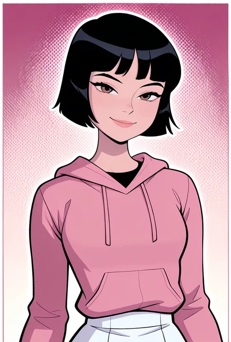 <lora:julieaf:1> julieaf, 1girl, short hair, black hair, long sleeves, lips, pink hoodie, white skirt, smile, looking at viewer, masterpiece, best quality, amazing quality, very aesthetic, absurdres, newest,, upper body, halftone effect, white borders, abstract background:1.2,