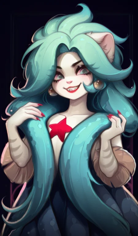 masterpiece, best quality, very aesthetic, high body, {{solo}}, 1girl, scylla, stars in hair, blue hair, long hair, big_hair, red lips, sharp teetch, scylla_fins, red nails, pale skin, striped_arm, spiky hair, earrings_eye, seastar_on_chest, floating_eyes, eyes_around,   dark_background, konya karasue, outline, draft, facing_at_viewer, kittyrosie75, evil_smile, 
