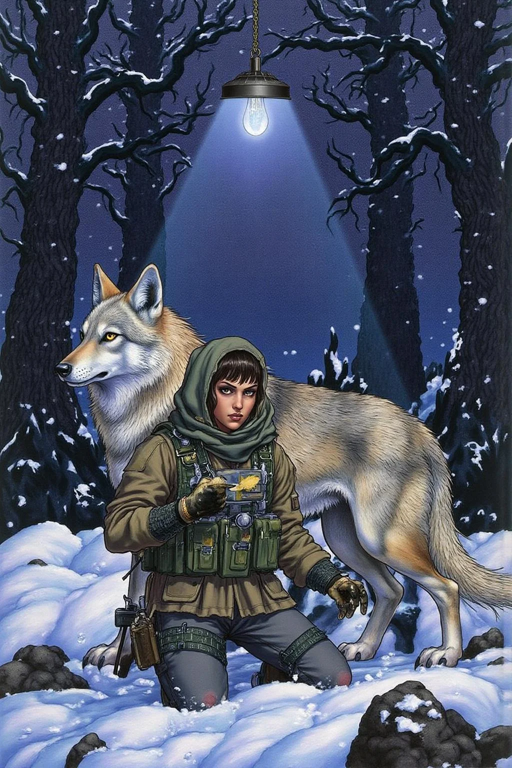 jole1 illustration.
A lone futuristic, rugged female warrior kneels in a dark, snowy forest at dusk, illuminated solely by a dim blue light from above that casts an eerie glow over her and her loyal wolf companion. She wears a tactical outfit layered with worn fabric and protective padding. Multiple tactical pouches are strapped across her chest, waist, and legs. Her hood partially shadows her face, but her intense, smirking expression is visible as she closely examines the snow-covered ground, one gloved hand brushing aside the top layer to reveal hidden tracks or markings. Beside her, the wolf stands alert, his ears perked and eyes focused on the surroundings, adding a sense of vigilance and loyalty to the scene. Snow-covered trees surround them, their tall, dark silhouettes blending into the night, while the cold blue light creates a stark contrast against the surrounding darkness. The scene is filled with solitude and desolation, as if they're searching for clues in a hostile, abandoned world. <lora:jole1_cap_d6a3e12:1.0><lora:825879918761078830:0>