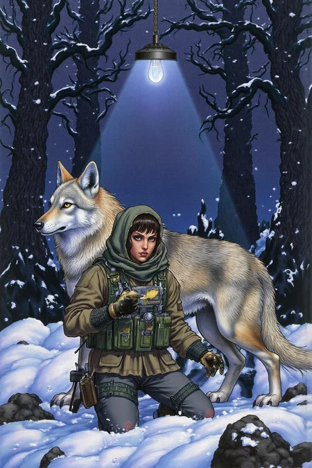 jole1 illustration.
A lone futuristic, rugged female warrior kneels in a dark, snowy forest at dusk, illuminated solely by a dim blue light from above that casts an eerie glow over her and her loyal wolf companion. She wears a tactical outfit layered with worn fabric and protective padding. Multiple tactical pouches are strapped across her chest, waist, and legs. Her hood partially shadows her face, but her intense, smirking expression is visible as she closely examines the snow-covered ground, one gloved hand brushing aside the top layer to reveal hidden tracks or markings. Beside her, the wolf stands alert, his ears perked and eyes focused on the surroundings, adding a sense of vigilance and loyalty to the scene. Snow-covered trees surround them, their tall, dark silhouettes blending into the night, while the cold blue light creates a stark contrast against the surrounding darkness. The scene is filled with solitude and desolation, as if they're searching for clues in a hostile, abandoned world. <lora:jole1_cap_d6a3e12:1.0><lora:825879918761078830:0>