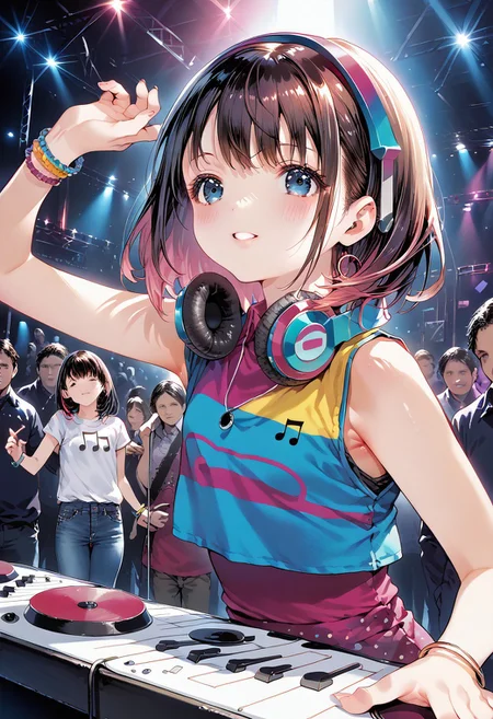 score_9, score_8_up, score_7_up, source_anime, solo, 1girl, MdoHP, Amai Liu, sensual, penetrating look, dominant, upper body, female dj, colorful clothes, quirky, vibrant appearance, playful accessories, creative, imaginative, sensual, spontaneous, DJ headphones, mixing console, music club, nightclub, independent theaters, people dancing on the dance floor, underground nightclub, high quality, skin texture, intricate details, (cinematic lighting), photo RAW, 8k